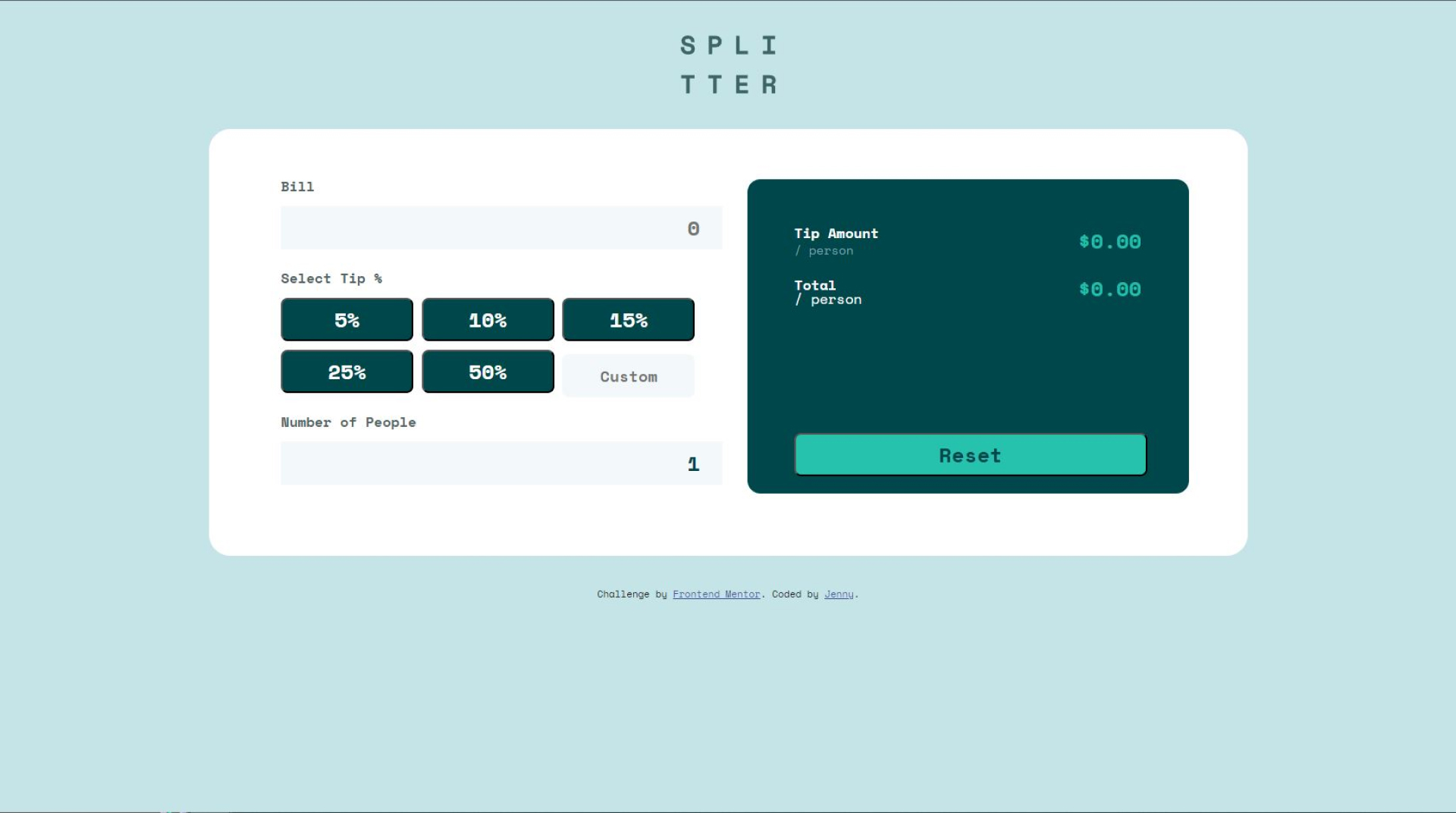 thumbnail for a tip calculator app that I developed called Splitter as part of a challenge by Frontend Mentor.